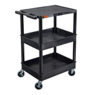 Luxor ENDURA 34" H Three-Tier Utility Cart - 24" W x 18" D - Black-Features three shelves combining flat and tub styles to accommodate various items securely