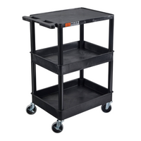 Luxor ENDURA 34" H Three-Tier Utility Cart - 24" W x 18" D - Black-Features three shelves combining flat and tub styles to accommodate various items securely