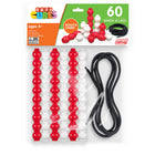 Junior Learning 60 Bead Cubes and Laces - Set of 61-A comprehensive set of 60 beads, featuring 30 white and 30 red, paired with a black lace string for immediate engagement