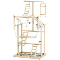PawHut Bird Playground with Ladders, Chain Toy, Cups and Tray-Solid natural wood construction with smooth finish and rubber feet keeps stand stable 