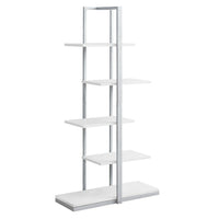Monarch Specialties 7233 60"H Bookcase - White/Silver Metal-Impressive asymmetrical zig-zag style bookcase with 5 white display shelves for your favorite decorative items
