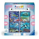 Ravensburger Puzzle UP! Ocean Life Set-4 square puzzles of 64, 72, 81, and 90 pieces, 4 posters, 1 exploration booklet