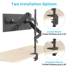 SHOPPINGALL Extra Long Vertically Stacked Dual Gas Spring Monitor Arm for 15”-32” Screens - SA-GA24L-Black-[VERSATILE MOUNTING OPTIONS] Choose between C-clamp (max thickness 3.35"/85mm) or grommet installation (max thickness 2.36"/60mm) for secure and adaptable mounting on any workspace surface. The box includes all necessary components.