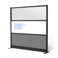 Luxor Modular Wall with Whiteboard - 70" W x 70" H - Wide Black Frame, Frosted Acrylic, Cool Grey PET-Creates semi permanent privacy in shared spaces