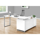 Monarch Specialties 7716 72" Computer Desk - White/Silver Executive Corner-Desktop is divided into 2 segments: a large, main worksurface and a smaller, lower surface on top of the shelving unit