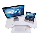Rocelco 32" Sit To Stand Ergonomic Adjustable Height Desk Riser with Easy Up-Down Handles, White-Retractable Ergonomic Keyboard Tray: 4.5" spacing between keyboard tray and desktop keeps monitor at proper ergonomic height to prevent neck strain while sitting or standing, keyboard tray extends for optimum comfort. Large 21" x 11" keyboard tray size will hold a laptop if needed.