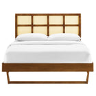 Modway Sidney Cane and Wood Full Platform Bed with Angular Legs - Walnut-Woven Cane Rattan Headboard