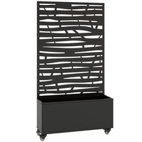 Outsunny Metal Planter Box on Wheels with 63" H Trellis - 35" L x 12" D - Black-Privacy panel with twig-like slatted cut-outs serves as a trellis 
