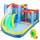 Qaba 5 in 1 Bouncy Castle with Water Slide and 2 Splash Pools - 12.6 ft L x 9.5 ft W - Multicoloured-5-in-1 design offers slide, splash pools, hoop, jumping, and darts . 