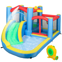 Qaba 5 in 1 Bouncy Castle with Water Slide and 2 Splash Pools - 12.6 ft L x 9.5 ft W - Multicoloured-5-in-1 design offers slide, splash pools, hoop, jumping, and darts . 