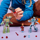 LEGO Marvel Iron Man & War Machine vs. Hammer Drones-Robots built for battle - The green Hammer Drone has a spring shooter on its shoulder and the blue Hammer Drone has a push shooter on each shoulder