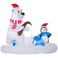 Outsunny 6' Lit Inflatable Polar Bear & Penguin Fishing on Board Christmas Decoration-Inflatable Christmas polar bear wearing a Santa hat with his penguin fishing companion on board provide a cohesive holiday display 
