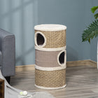 PawHut 28" 3-Story Cat Condo Tower - Khaki/Brown-Sisal and seaweed scratching pads to keep claws in shape 