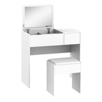 HOMCOM Makeup Vanity Desk with Flip Top Mirror and Cushioned Stool - 31.5" L x 15.7" W x 31.1" H - White-Flip top with clear mirror for your daily makeup 