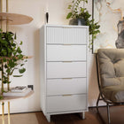 Manhattan Comfort Granville 23.62" Modern Tall Narrow Dresser - White-Includes 5 Full Extension Drawers with Top Drawer Designed in Vertical Textured Ribbed Lines Made from Solid Wood. Top Drawer includes option for 6 small compartments for designed to better organize.