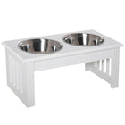 PawHut Deluxe Double Pet Dog Bowl Feeding and Watering Station - White-Double stainless steel bowl design, durable, hygienic, rust-free, leaching-free and dishwasher safe.