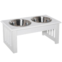 PawHut Deluxe Double Pet Dog Bowl Feeding and Watering Station - White-Double stainless steel bowl design, durable, hygienic, rust-free, leaching-free and dishwasher safe.