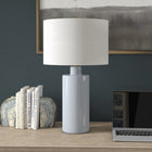 Hudson&Canal Selina 25" Tall Ceramic Table Lamp with Fabric Shade - Smoky Blue/White-Handcrafted smoky blye finish is applied to the round ceramic base
