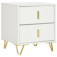 HOMCOM Nightstand with Metal Legs- White-Fluted drawer fronts with a golden metal frame that complements your home decor