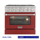 Kucht 36" KDF Series Pro Style Propane Gas Dual Fuel Range - Stainless Steel/Red-6-burner gas range includes one 20,000 BTU dual burner with simmer, one 15,000 BTU burner, one 12,000 BTU burner, two 9,000 BTU burners and one 6,000 BTU
