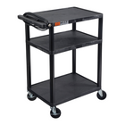Luxor ENDURA AV 34" H Three-Tier Media Utility Cart with Electric - 24" W x 18" D - Black-This media utility cart features three flat shelves made from 100% recycled high-density polyethylene, providing sturdy and eco-friendly surfaces