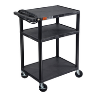 Luxor ENDURA AV 34" H Three-Tier Media Utility Cart with Electric - 24" W x 18" D - Black-This media utility cart features three flat shelves made from 100% recycled high-density polyethylene, providing sturdy and eco-friendly surfaces