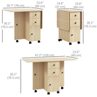 HOMCOM Rolling Drop Leaf Folding Dining Table with Drawers & Storage Cabinet for 4-6 - Natural Wood-Two drawers and a piece of furniture offer a discreet storage room