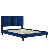 Modway Sofia Channel Tufted Performance Velvet Full Platform Bed with Tapered Black Wood Legs - Navy-Full Platform Bed