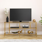 Hudson&Canal Winthrop TV Stand with Glass Shelves for TV's up to 60" - Brass-Clean with a soft, dry cloth and no harsh chemicals or abrasive cleaning materials