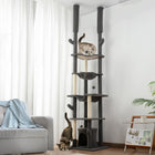 PawHut 89" - 100" Floor-To-Ceiling Cat Tree with Scratching Posts - Grey-Includes two cat hammocks and a cat cave for comfort 