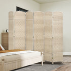 HOMCOM 6 Panel Hand-Woven Freestanding Room Divider for Home Office Bedroom - Light Oak-Solid pine wood frame provides strong support 
