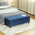 HOMCOM Linen Fabric Entryway Bench with Wooden Feet - Blue-Wide top opens to expose extra storage space  