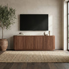 Hudson&Canal Canton Rectangular TV Stand for TV's up to 75" - Satin Walnut-Constructed of sturdy MDF and PVC materials in a handcrafted satin walnut finish