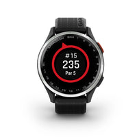 Garmin Approach S44 Smartwatch - Silver Aluminum Bezel With Black Silicone Band-COLORFUL AND CAPABLE - The stunning 1.2" AMOLED touchscreen display makes it easy to see key yardages to the green, hazards and layups on the colorful course maps.