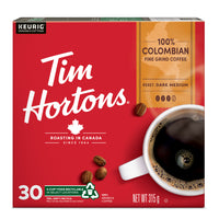 Tim Hortons 100% Colombian Dark Medium Roast Coffee K-Cup Pods - 30 Pack-Dark medium roast made from 100% Columbian coffee beans for a well-balanced, crisp flavour and smooth finish