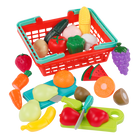 Battat Velcro Food in Basket-Includes: This playset comes with 1 basket, 2 cutting boards, 2 toy knives, and 16 different fruits and vegetables with hook-and-loop fasteners (2 pieces each)