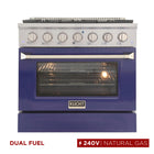 Kucht 36" KDF Series Pro Style Natural Gas Dual Fuel Range - Stainless Steel/Blue-6-burner gas range includes one 20,000 BTU dual burner with simmer, one 15,000 BTU burner, one 12,000 BTU burner, two 9,000 BTU burners and one 6,000 BTU