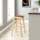 Modway Saoirse Leather Wood Bar Stool - Natural Brown - Set of 2-Foot Pads for Floor Protection