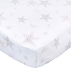 Gerber Childrenswear Knit Crib Sheet - Celestial - Stars-Crafted from a durable blend of polyester and stretchy spandex jersey, this sheet ensures a snug fit on standard crib mattresses, measuring 52 x 28