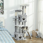 PawHut 65" Multi-Level Cat Tree Tower with Condos and Perch - Grey-A widened base with an anti-tip strap ensures stability for active cats 