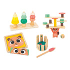 Janod Toy Box 4-Piece Set for 36 Months-Features a shape stacking toy, “Super Beaver” game, sound-effect pond, and a facial expression game.