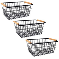 My Home My Living Wire Rectangle Baskets with Wood Handle 3-Piece Set - 12”W x 8”D x 5.5”H - Black-Dimensions: 12”W x 8”D x 5.5”H