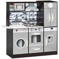 Qaba Kids Wooden Play Kitchen with Lights Sounds, Washing Machine - Dark Brown-Includes pots and pans, and utensils 