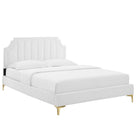 Modway Sienna Performance Velvet Queen Platform Bed with Gold Metal Legs - White-Reinforced Center Beam and Support Legs