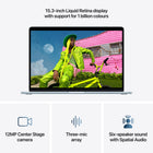 Apple MacBook Air 15" - M5 - 10-core CPU - 512 GB SSD - 16 GB Unified Memory - Sky Blue-12MP Center Stage Camera - Automatically stay in frame during video calls with Center Stage, or share a top-down view of your workspace with Desk View. And with a three-mic array and six-speaker sound system with Spatial Audio and Dolby Atmos, everything sounds great
