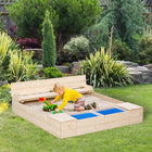 Outsunny Outdoor Kids Square Wooden Sandbox - 47" x 47" - Natural-The bench can also easily fold flat to offer a rest area 