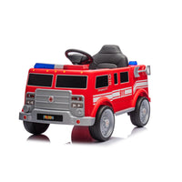 Freddo 12V Firetruck 1 Seater Kids Ride- On - Red-Authentic Fire Truck Design: A vibrant red, one-seater fire truck ride-on designed for children aged 3-8, complete with front and rear alarm lights and a fireman's megaphone