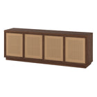 Hudson&Canal Pryce TV Stand for TV's up to 78" - Satin Walnut/Natural Rattan-The top has a weight capacity of 75 lbs, middle shelf supports 25 lbs and bottom shelf can hold 50 lbs