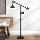 Hudson&Canal Descartes Wide Brim/Pulley System Floor Lamp with Metal Shade - Blackened Bronze/Blackened Bronze-Handcrafted blackened bronze finish is applied to the round adjustable metal base