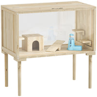 PawHut Wooden Hamster Cage - 28"L - Nature Wood-Spacious design expands hamster living area for comfort